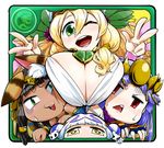  3girls :3 ;d animal_ears armor bastet_(p&amp;d) black_hair blonde_hair blush breasts cat_ears cat_hair_ornament cleavage cramped dark_skin double_bun double_v egyptian fingerless_gloves fourth_wall freyja_(p&amp;d) gloves green_eyes hair_ornament haku_(p&amp;d) hat headpiece huge_breasts japanese_armor jewelry long_hair multicolored_hair multiple_girls necklace one_eye_closed open_mouth purple_hair puzzle_&amp;_dragons red_eyes shoulder_armor smile sode tokkyuu_mikan two-tone_hair v white_hair yellow_eyes yomi_(p&amp;d) 