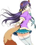  animal_costume animal_ears bangs bow bracelet fake_animal_ears frilled_legwear fur_trim hair_bow hairband hand_on_own_chin jewelry long_hair love_live! love_live!_school_idol_festival love_live!_school_idol_project official_art parted_lips pleated_skirt purple_hair raccoon_ears raccoon_tail ribbon skirt smile solo striped striped_ribbon tail thighhighs third-party_edit toujou_nozomi transparent_background twintails white_legwear yellow_bow 