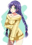  alternate_hairstyle bare_shoulders braid fukuma green_eyes long_hair looking_at_viewer love_live! love_live!_school_idol_project purple_hair solo sweater toujou_nozomi twin_braids twintails very_long_hair 
