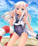  blonde_hair blue_eyes crop_top flower hair_flower hair_ornament kantai_collection lifebuoy long_hair looking_at_viewer one-piece_swimsuit ro-500_(kantai_collection) sailor_collar school_swimsuit swimsuit swimsuit_under_clothes torpedo u_rin 