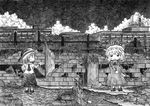  bow chibi dress greyscale hand_on_hip hat maribel_hearn monochrome multiple_girls necktie nib_pen_(medium) ribbon ruins short_hair skirt soyanrai touhou traditional_media usami_renko water_tower 