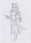  2015 anthro anthrofied black_and_white boots cape clothing equine female friendship_is_magic gloves hair high_heels horse long_hair mammal monochrome my_little_pony octavia_(mlp) pony sketch solo standing sword thigh_high weapon zzvinniezz 