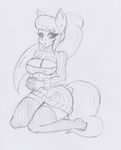  2014 anthro anthrofied black_and_white blush breasts cleavage clothed clothing cup equine female friendship_is_magic hair holding horse keyhole_turtleneck kneeling legwear long_hair mammal monochrome my_little_pony octavia_(mlp) pony ponytail solo stockings sweater zzvinniezz 