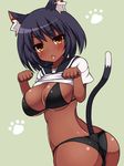  animal_ears ass black_bra black_hair black_panties blush bra breasts cat_ears cat_tail dark_skin fang green_background haniwagi_(hal) large_breasts looking_at_viewer md5_mismatch open_clothes open_mouth original panties paw_pose paw_print short_hair simple_background solo tail tooth underwear yellow_eyes 