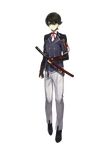  aqua_eyes armor black_hair double-breasted full_body highres horikawa_kunihiro japanese_armor katana kote male_focus notched_lapels official_art sheath sheathed shiramine_(srmn09) shoes solo sword touken_ranbu transparent_background weapon 