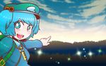  backpack bag blue_eyes blue_hair blush bush cloud cloudy_sky dress forest hair_bobbles hair_ornament hat kawashiro_nitori key long_sleeves looking_at_viewer nature open_mouth pointing shirt short_hair skirt skirt_set sky smile solo sparkle touhou two_side_up yume_giwa 