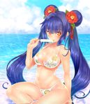  bikini blue_hair breasts cleavage double_bun food highres katoma kneeling large_breasts long_hair orange_eyes popsicle sound_voltex swimsuit tsubaki_(sound_voltex) twintails 