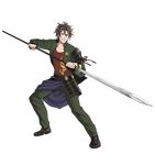  armor black_gloves brown_eyes brown_hair fingerless_gloves full_body gloves grin jacket japanese_armor kusazuri male_focus minato_(robin) official_art open_clothes open_jacket otegine pants polearm shoes shoulder_armor smile sode solo spear touken_ranbu transparent_background weapon yari 