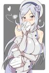 aila_jyrkiainen bag banjo_(technistep) baozi bare_shoulders blush breasts dress eating elbow_gloves food fur_trim gloves grey_background gundam gundam_build_fighters hat heart impossible_clothes large_breasts long_hair paper_bag purple_eyes silver_hair solo steam 