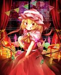  :q ascot bad_id bad_pixiv_id between_legs blonde_hair blush butter candy curtains flandre_scarlet food hand_between_legs hat hat_ribbon highres lollipop looking_at_viewer macaron mob_cap pancake puffy_short_sleeves puffy_sleeves red_eyes ribbon shinonome_myoke short_hair short_sleeves side_ponytail skirt skirt_set solo stack_of_pancakes streamers swirl_lollipop syrup tongue tongue_out touhou window wings 