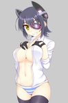  :d black_legwear blue_panties blush breast_suppress breasts cleavage cowboy_shot eyepatch gloves grey_background grin headgear kantai_collection large_breasts nagamon no_bra open_clothes open_mouth open_shirt panties purple_hair shirt short_hair smile solo striped striped_panties tenryuu_(kantai_collection) thighhighs underwear yellow_eyes 