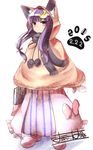  2015 animal_ears animal_hood blush book cat_day cat_ears cat_hood crescent crescent_hair_ornament dated dress hair_ornament highres hood long_hair looking_at_viewer orinpachu patchouli_knowledge paw_print poncho purple_eyes purple_hair scarf shoes solo touhou tsurime 