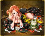  animal bangs bare_shoulders bracelet breasts brown_eyes chin_rest cleavage female flower frog japanese_clothes kimono large_breasts long_sleeves looking_at_viewer lying nami nami_(one_piece) official_art one_piece one_piece:_treasure_cruise open_clothes orange_hair shiny shiny_hair smile solo tattoo wide_sleeves 