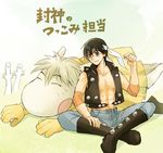  black_hair boots chest closed_eyes denim gloves hattifattener headband houshin_engi jeans kou_tenka male_focus moomin open_clothes open_mouth open_shirt ozenzen pants ripped_jeans scar shirt sitting suupuushan 