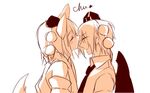  1girl animal_ears bad_id bad_pixiv_id black_wings blush closed_eyes collared_shirt detached_sleeves forehead_kiss from_side genderswap genderswap_(ftm) hat inubashiri_momiji kiss monochrome mutsuki_(ama245) necktie pom_pom_(clothes) profile shameimaru_aya shirt simple_background tail tokin_hat touhou white_background wide-eyed wings 