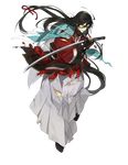  ahoge armor black_hair blood blue_eyes clenched_teeth fingerless_gloves full_body gloves hakama highres injury izumi-no-kami_kanesada japanese_armor japanese_clothes katana kusazuri long_hair male_focus official_art one_eye_closed sheath shiramine_(srmn09) solo sword teeth torn_clothes touken_ranbu transparent_background very_long_hair weapon 