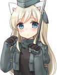  animal_ears bad_id bad_pixiv_id black_gloves blonde_hair blue_eyes cat_day cat_ears commentary gloves highres jacket juliet_sleeves kantai_collection kemonomimi_mode long_hair long_sleeves looking_at_viewer military military_uniform open_clothes open_jacket paw_pose puffy_sleeves sawatari_(sado) solo u-511_(kantai_collection) uniform very_long_hair 
