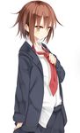  black_skirt blazer brown_hair collared_shirt eyes_visible_through_hair highres jacket kantai_collection looking_at_viewer necktie open_blazer open_clothes open_jacket otokuyou oversized_clothes school_uniform shirt short_hair simple_background skirt sleeves_past_wrists solo untucked_shirt wakaba_(kantai_collection) white_background 