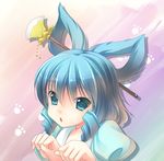  alternate_hairstyle animal_ears blue_dress blue_eyes blue_hair cat_day cat_ears commentary dress fake_animal_ears hair_ornament hair_rings hair_stick kaku_seiga open_mouth paw_pose paw_print solo takatsukasa_yue touhou upper_body 