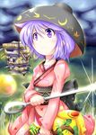  bowl bowl_hat floating_castle hat highres holding_needle japanese_clothes kikurage_(sugi222) kimono long_sleeves miracle_mallet needle obi purple_eyes purple_hair sash shining_needle_castle solo sukuna_shinmyoumaru touhou upside-down 