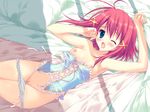  1girl :o aqua_eyes bed_sheet blush bustier frills game_cg lingerie long_hair lying mitsurugi_asuka official_art on_back one_eye_closed open_mouth panties panty_pull pink_hair pussy ryouka_(suzuya) solo uncensored underwear wink wizard_girl_ambitious 