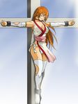  1girl a-ru_(dn1217) bdsm bondage bound breasts brown_hair cross crucifixion dead_or_alive eyes_closed female kasumi_(doa) long_hair panties solo underwear white_panties 