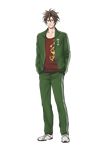  alternate_costume brown_eyes brown_hair character_name full_body hands_in_pockets highres jacket light_smile looking_at_viewer male_focus minato_(robin) official_art open_clothes open_jacket otegine pants shoes solo standing touken_ranbu track_jacket track_pants transparent_background 