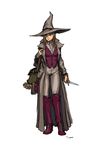  1girl bag book boots concept_art dagger darren_geers flat_chest full_body hat highres knee_boots long_coat long_hair original pants scroll solo vest weapon wizard_hat 