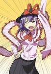  arm_up bow frills hand_on_hip hat nagae_iku purple_hair red_eyes ribbon saturday_night_fever shawl short_hair skirt solo sweat taishi_(moriverine) touhou 