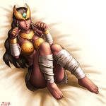  bandages barefoot bed_sheet black_hair black_sclera breasts dark_skin facial_mark fingernails forehead_jewel forehead_protector highres jewelry kamen_rider kamen_rider_kuuga_(series) knees_on_chest large_breasts long_hair lying on_back paw_pose pointy_ears red_eyes ring sharp_fingernails sharp_toenails skirt solo taikyokuturugi toenails toes zu-mebio-da 