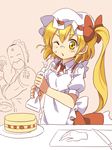  1girl apron ascot blonde_hair bow braid cake cream cream_on_face flandre_scarlet food food_on_face hair_bow hands hat kinnikuman knife mob_cap one_eye_closed open_mouth pastry_bag ramenman red_eyes ribbon severed_hand severed_limb short_hair side_ponytail sketch strawberry_shortcake taishi_(moriverine) touhou whisk yellow_eyes 