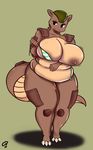  3_toes anthro big_breasts black_eyes bra breasts butt claws clothing eyelashes female gammanaut kangaskhan looking_at_viewer mammal nintendo nipples plain_background pok&eacute;mon shadow smile solo standing toe_claws toes underwear video_games 