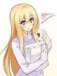  bag blonde_hair cu-no eating food food_on_face hakurei_botan hisenkaede long_hair paper_bag purple_eyes ribbed_sweater solo sweater turtleneck 