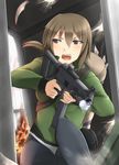  ayyh bad_id bad_pixiv_id battlefield_(series) battlefield_hardline brown_eyes brown_hair denim explosion fang firing flashlight gun h&amp;k_ump heckler_&amp;_koch highres holding holding_gun holding_weapon jacket jeans money moneybag open_mouth original pants submachine_gun trigger_discipline weapon 