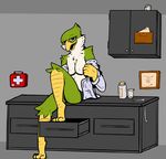  2015 alien anthro avian beak bottomless breasts clothed clothing doctor feathers female half-dressed lab_coat liquidrabbit looking_at_viewer sitting solo starbound undressing video_games 