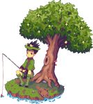  animal animal_on_head bird bird_on_head black_hair boots dog fishing fishing_rod gon_freecss grass hunter_x_hunter lowres male_focus mushroom on_head outdoors pixel_art shorts sitting smile solo spiked_hair staticwind transparent_background tree water 