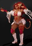  armor big_breasts boots bovine breasts cattle clothed clothing excellia_(coc) female fighter gold hair high_heels horn humanoid justmegabenewell mammal muscles muscular_female red_hair scar solo 