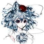  animal_ears detached_sleeves eyebrows eyebrows_visible_through_hair hat highres ikurauni inubashiri_momiji portrait red_eyes short_hair silver_hair simple_background solo tokin_hat touhou upper_body white_background wolf_ears 