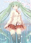  absurdly_long_hair aqua_eyes aqua_hair cherry_blossoms frilled_skirt frills hatsune_miku highres long_hair necktie petals ribbon school_uniform skirt smile solo thighhighs touboku twintails very_long_hair vocaloid zettai_ryouiki 