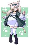  animal_ears bell bell_collar blue_eyes boots breasts cat_ears cat_tail chibi cleavage collar commentary_request dress hair_over_one_eye hairband kugelschreiber long_hair medium_breasts original pregnant simple_background smile solo tail thighhighs white_legwear 