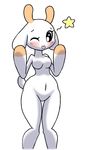  big_breasts bit-small blush bovine breasts bunny_maloney cattle charlotte cute female fur hooves horn looking_at_viewer mammal nude one_eye_closed plain_background solo white_fur wide_hips wink 