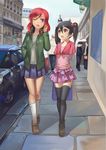  bad_id bad_pixiv_id black_hair black_legwear blurry car casual chinese commentary crop_top depth_of_field ground_vehicle headphones headphones_around_neck layered_skirt love_live! love_live!_school_idol_project motor_vehicle multiple_girls nishikino_maki one_eye_closed open_mouth photo-referenced purple_eyes purple_hair red_eyes red_hair road shirt skirt street thighhighs tied_shirt town twintails walking yazawa_nico zettai_ryouiki zhanzheng_zi 