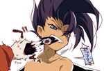  black_hair blue_eyes dark_skin dark_skinned_male eating fang feeding food houshin_engi ki_hatsu lowres makizushi male_focus pointy_ears raishinshi shirtless sushi utsugi_(skydream) wings 