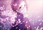  bird cherry_blossoms flower from_behind glasses hair_flower hair_ornament japanese_clothes looking_at_viewer looking_back male_focus moco niconico niconico_bar petals purple_eyes purple_hair sakanashi_touya solo 
