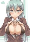  bad_id bad_pixiv_id black_bra blush bra breast_squeeze breasts brown_jacket collared_shirt green_eyes green_hair hair_ornament hairclip heart jacket kantai_collection large_breasts light_smile long_hair looking_at_viewer nametake_(nekoyasya12172) open_clothes open_jacket open_shirt school_uniform shirt solo strap_lift suzuya_(kantai_collection) underwear upper_body white_shirt 