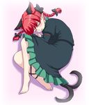  animal_ears barefoot black_dress blush bow braid cat_day cat_ears cat_tail closed_eyes dress extra_ears fetal_position full_body hair_bow isaki_(gomi) juliet_sleeves kaenbyou_rin leg_ribbon long_sleeves lying multiple_tails nekomata on_side open_mouth plantar_flexion pointy_ears puffy_sleeves red_hair ribbon smile solo tail touhou twin_braids 