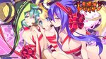  aqua_hair arched_back blonde_hair blue_eyes breasts chocolate dutch_angle fegor flat_chest hair_between_eyes hair_ornament hat highres hirano_katsuyuki large_breasts levia long_hair looking_at_viewer makai_shin_trillion mouth_hold multiple_girls naked_ribbon perpell purple_eyes purple_hair ribbon sidelocks slit_pupils small_breasts wallpaper 