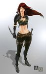  1girl 3li dagger female full_body greaves katarina_du_couteau league_of_legends looking_at_viewer navel red_hair scar shadow solo standing sword weapon 