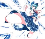  blue_eyes blue_hair blue_skirt blush bow cirno dress_shirt fighting_stance hair_bow highres ice ice_wings ikurauni midriff navel puffy_short_sleeves puffy_sleeves red_ribbon ribbon shirt short_hair short_sleeves simple_background skirt skirt_set solo stomach touhou white_background white_shirt wings 