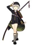  :o armor cape full_body green_eyes hair_flaps hat highres hotarumaru japanese_armor looking_at_viewer male_focus official_art ootachi peaked_cap rururara sheath sheathed shoes shorts shoulder_armor sock_garters socks sode solo touken_ranbu transparent_background 